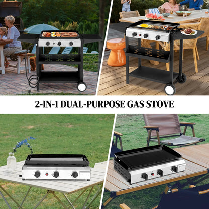 3-Burner Propane Gas Grill Griddle Flat Top Grills 2 in 1 Tabletop Griddle