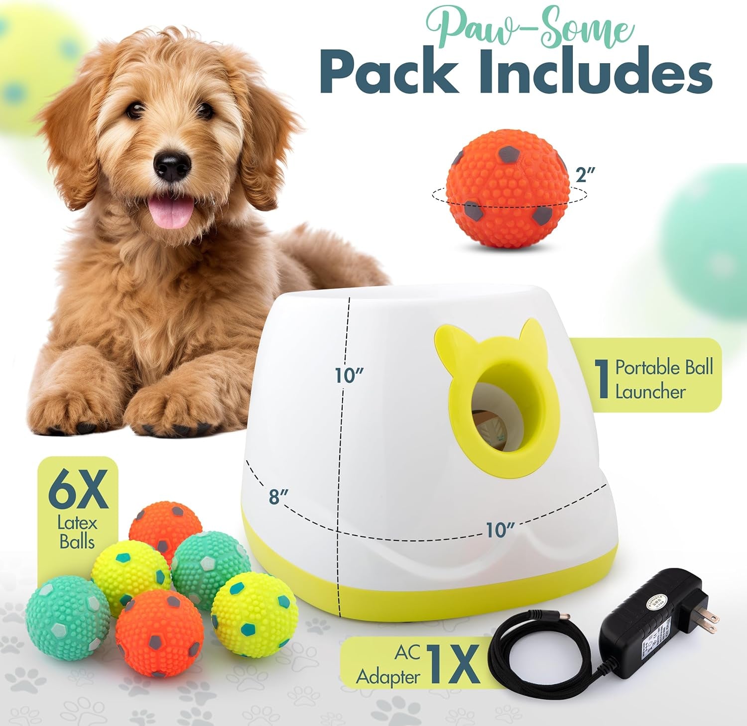 Automatic Dog Ball Launcher - Dog Ball Fetch Machine, Ball Thrower for Dogs, for Small to Medium Sized Dogs, Interactive Dog Toy with 6 Latex Balls, Plug-In & Battery Options - 4 Launch Distances