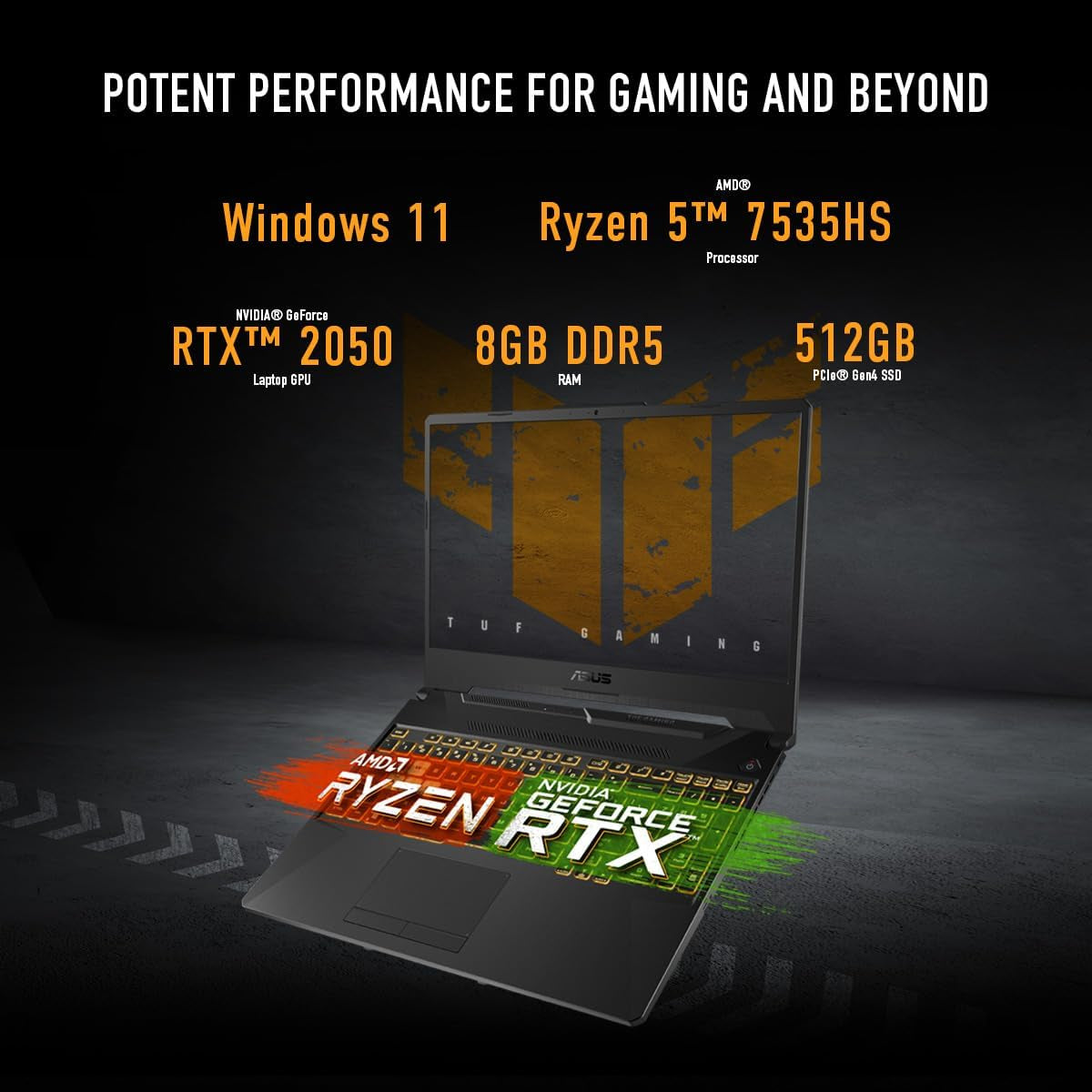 TUF Gaming A15 (2024) Gaming Laptop, 15.6” FHD 144Hz Display, NVIDIA® Geforce RTX™ 2050, AMD Ryzen™ 5 7535HS, 8GB DDR5, 512GB Pcie® Gen4 Nvme™ SSD, Wi-Fi 6, Windows 11, FA506NF-ES51