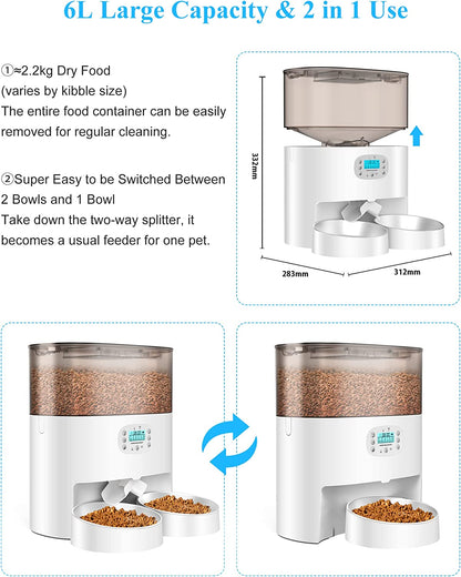 Automatic Cat Feeder,  6L Pet Feeder for 2 Cats & Dogs, Auto Cat Dry Food Dispenser with Desiccant Bag, Timer Feeder Portion Control 1-6 Meals per Day, Dual Power Supply, Voice Recorder