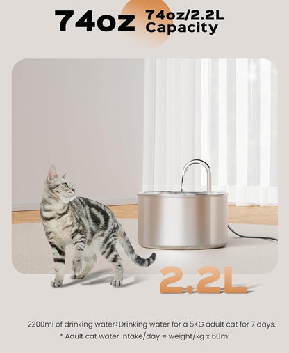Stainless Steel Cat Water Fountain: Pet Fountains Indoor Metal Automatic Dispenser Cat Waterer Bowls Dog Faucet Bottle Pets 24/7 Running Watering for Drinking Quiet Pump with Filters