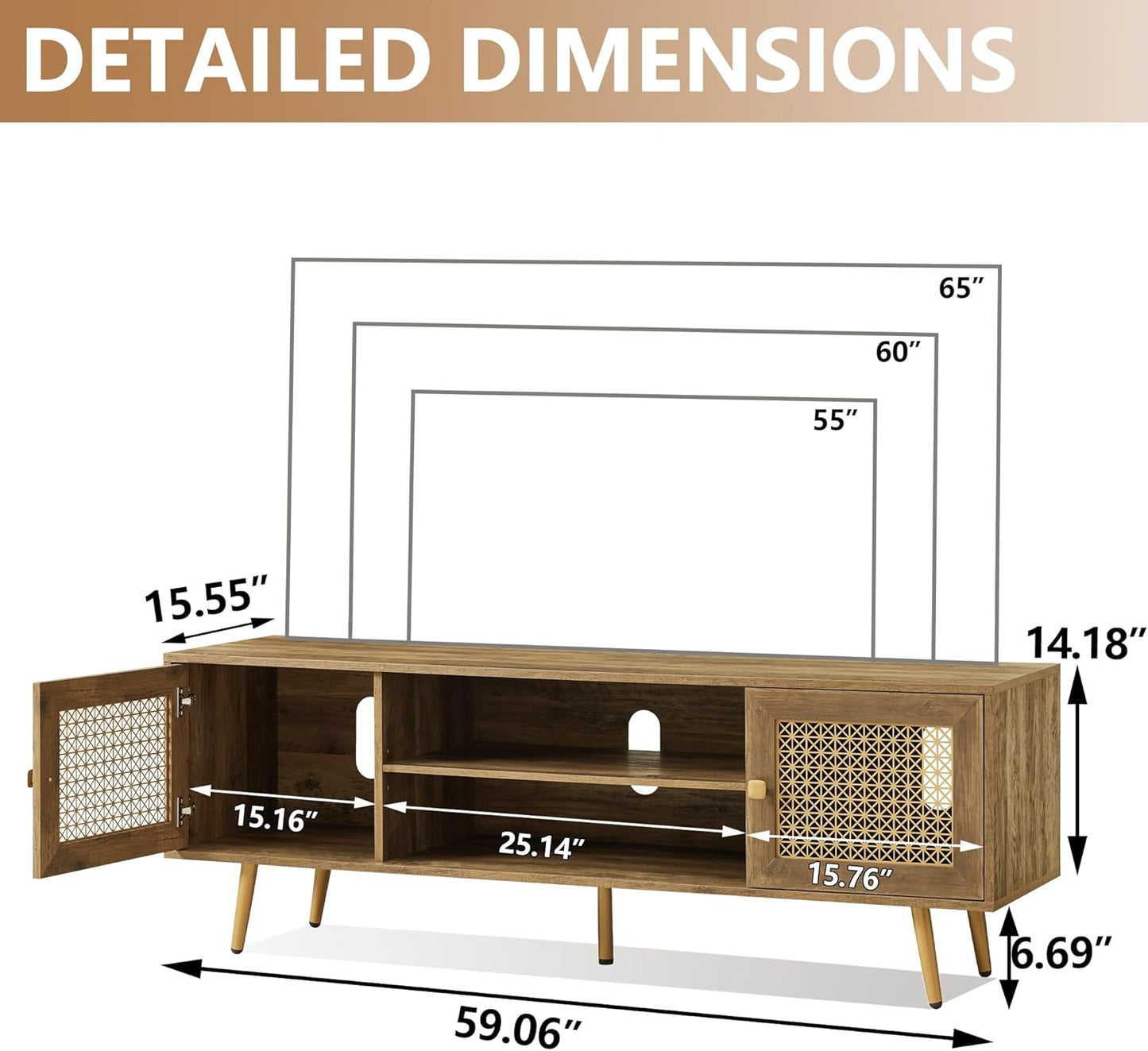 Mid Century Modern TV Stand with Metal Mesh Doors and Open Shelf for Tvs up to 65" Boho Media Console Entertainment Center with Cable Holes for Living Room Rustic Oak 59.06"X15.55"X20.87"