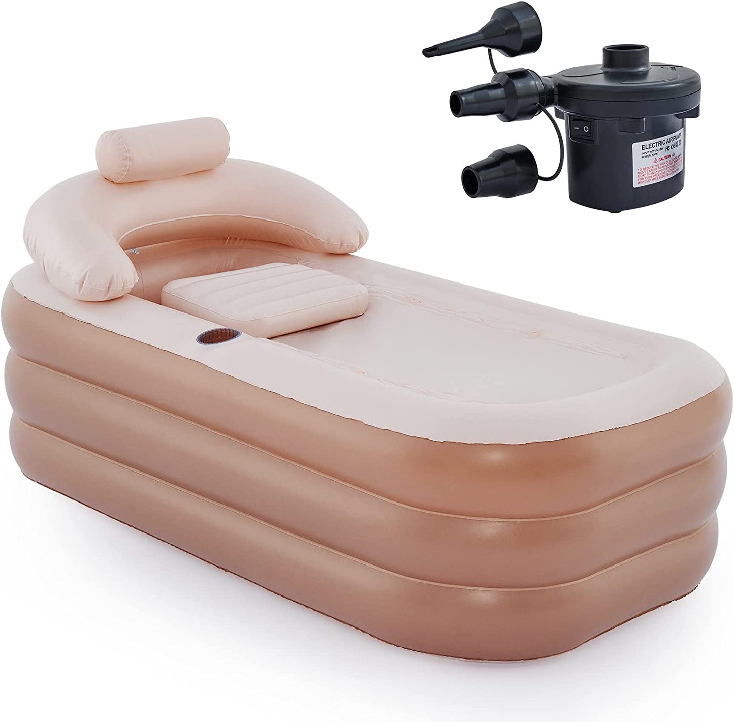 Inflatable Bathtub with Electric Air Pump and Bath Pillow Headrest, Portable Blow up Bath Tub for Adults, Outdoor & Indoor Freestanding Foldable Spa Tub with Cover Drainage Cup Holder,Brown