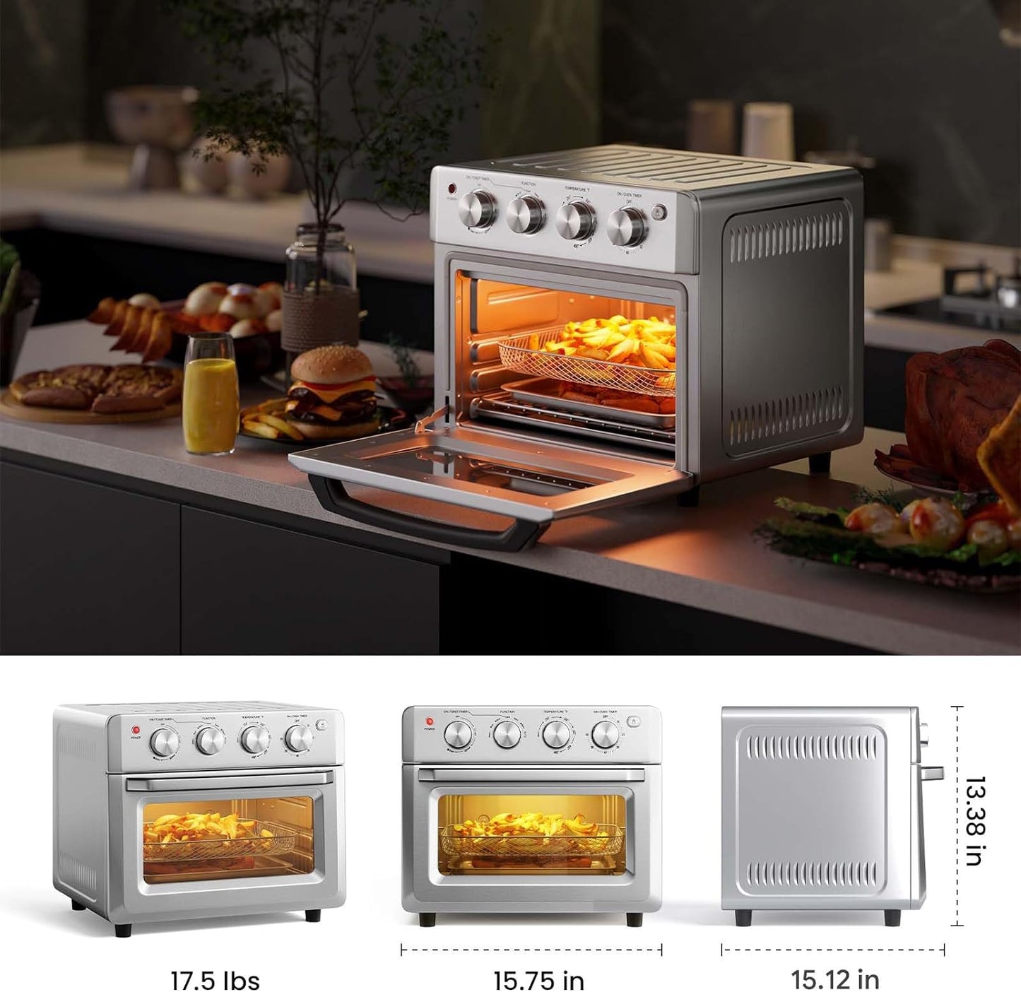 Retro Toaster Oven -  Air Fryer Oven & Toasters 19QT, 7 in 1 Convection Oven Combo for Family Use, 360° Even & Healthy Cooking, 5 Accessories & Recipe Book - Sliver