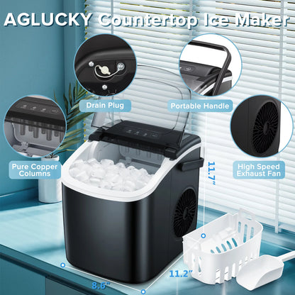 Countertop Ice Maker, Portable Ice Machine with Handle, 26Lbs/24H, 9 Cubes Ready in 6 Mins, One-Click Operation Ice Makers with Ice Scoop and Basket, for Kitchen/Office/Bar/Party (Black) - Design By Technique