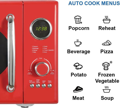 MWRG0901RD Retro Compact Countertop 800W Microwave Oven with 1,000W Grill Function, LED Display 5 Power Levels, 8 Auto Menus, Glass Turntable and Child Safe Lock, 0.9 Cu. Ft, Red