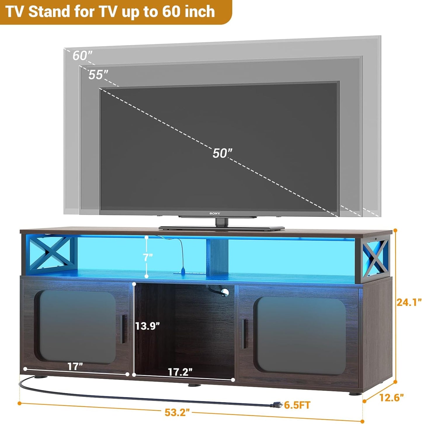 TV Stand for 55 60 Inch TV, Entertainment Center with LED Light and Charging Station, TV Console Table, Large Media Console Cabinet W/Soundbar Shelf, for Living Room, Bedroom, Espresso