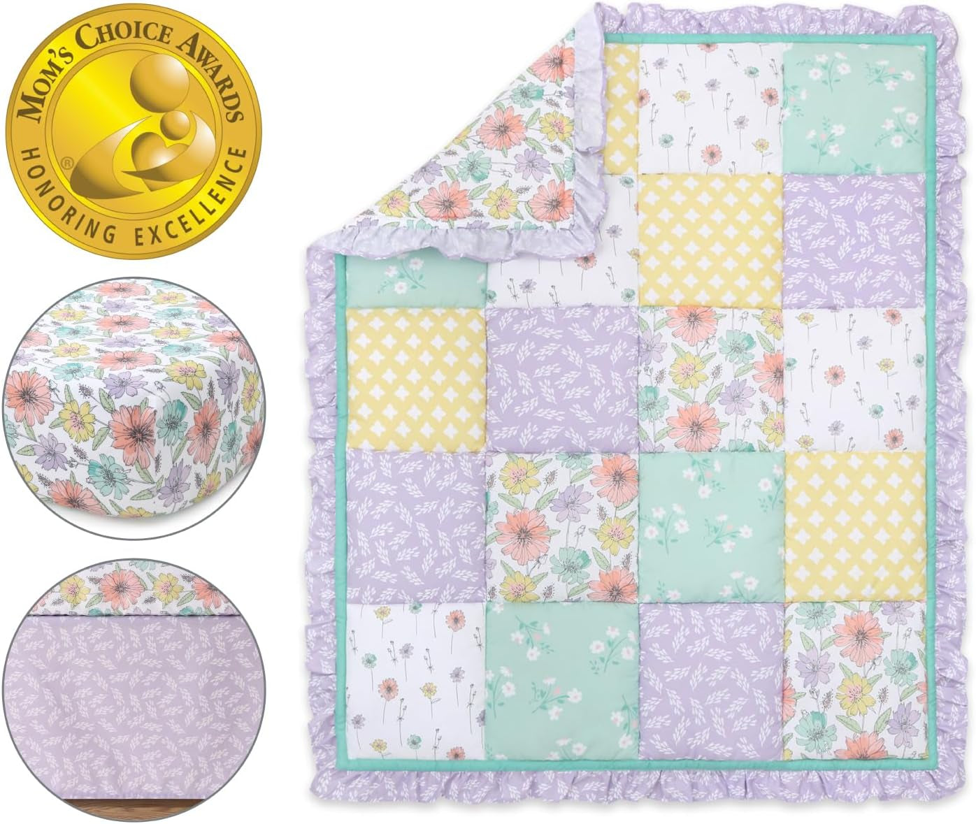 Crib Bedding Set for Girls, 3 Pc Shabby Chic Baby Bedding, Lavender and Vintage Floral Nursery Decor