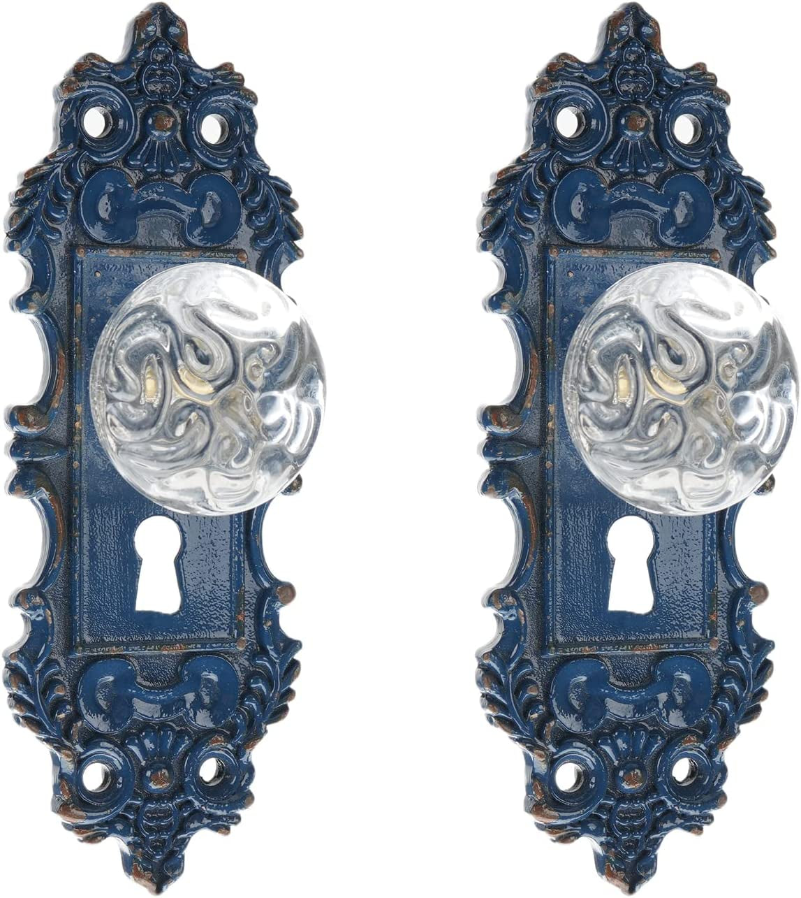 2Pcs Vintage Cabinet Dresser Drawer Pulls, Distressed Closet Handles with Clear Crystal, Door Knobs for Cupboard, Kitchen Furniture - Blue