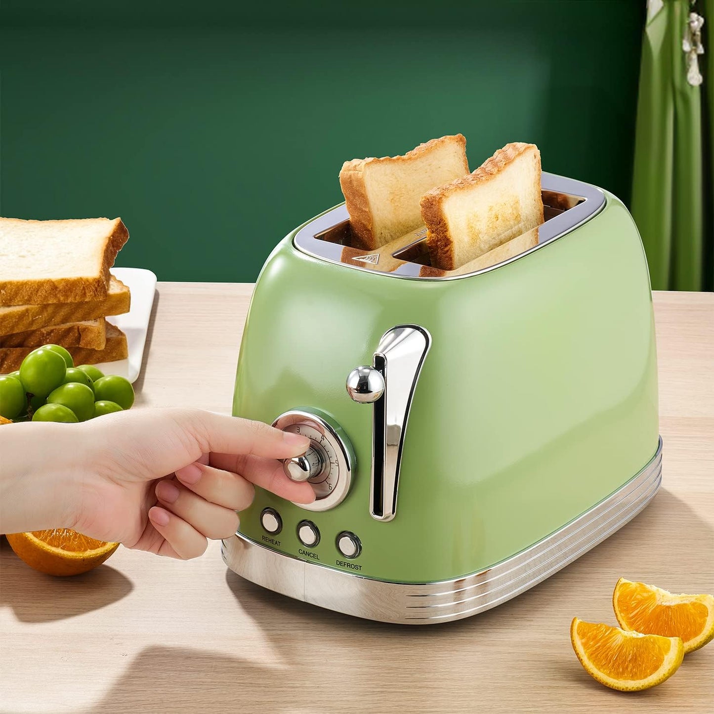 Toaster Retro 2 Slice, Vintage Toaster, Green Toaster, with Stainless Steel Lid, with Bread Attachment, Preheat, Defrost and Cancel Functions, 6 Browning Levels (Green)