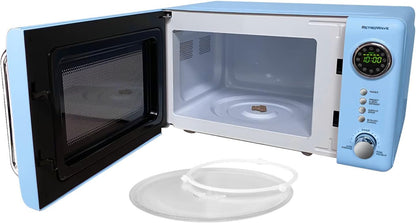 Retro Compact Countertop Microwave Oven - 0.7 Cu. Ft. - 700-Watts with LED Digital Display - Child Lock - Easy Clean Interior - Blue