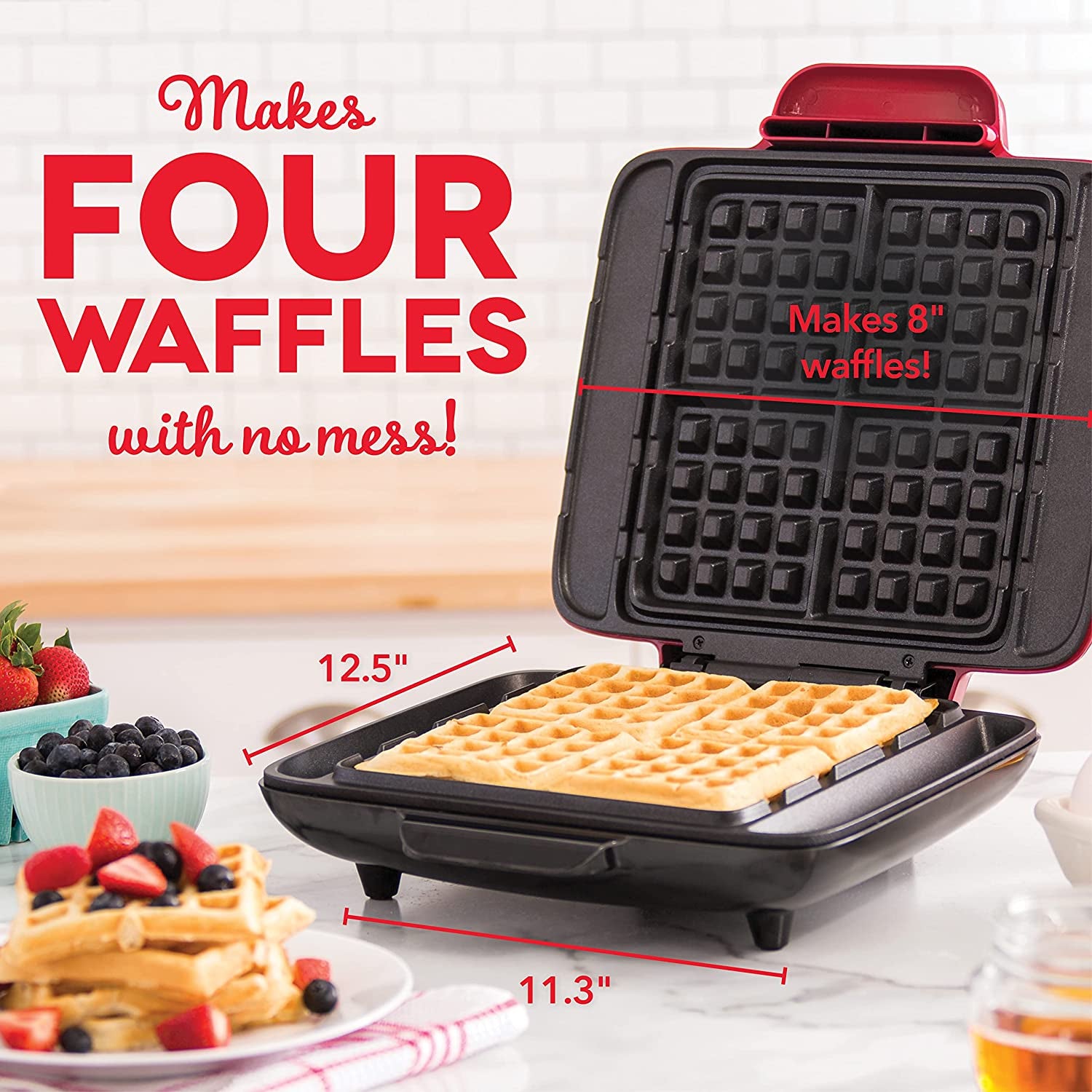Deluxe No-Drip Belgian Waffle Iron Maker Machine 1200W + Hash Browns, or Any Breakfast, Lunch, & Snacks with Easy Clean, Non-Stick + Mess Free Sides, Red - Design By Technique