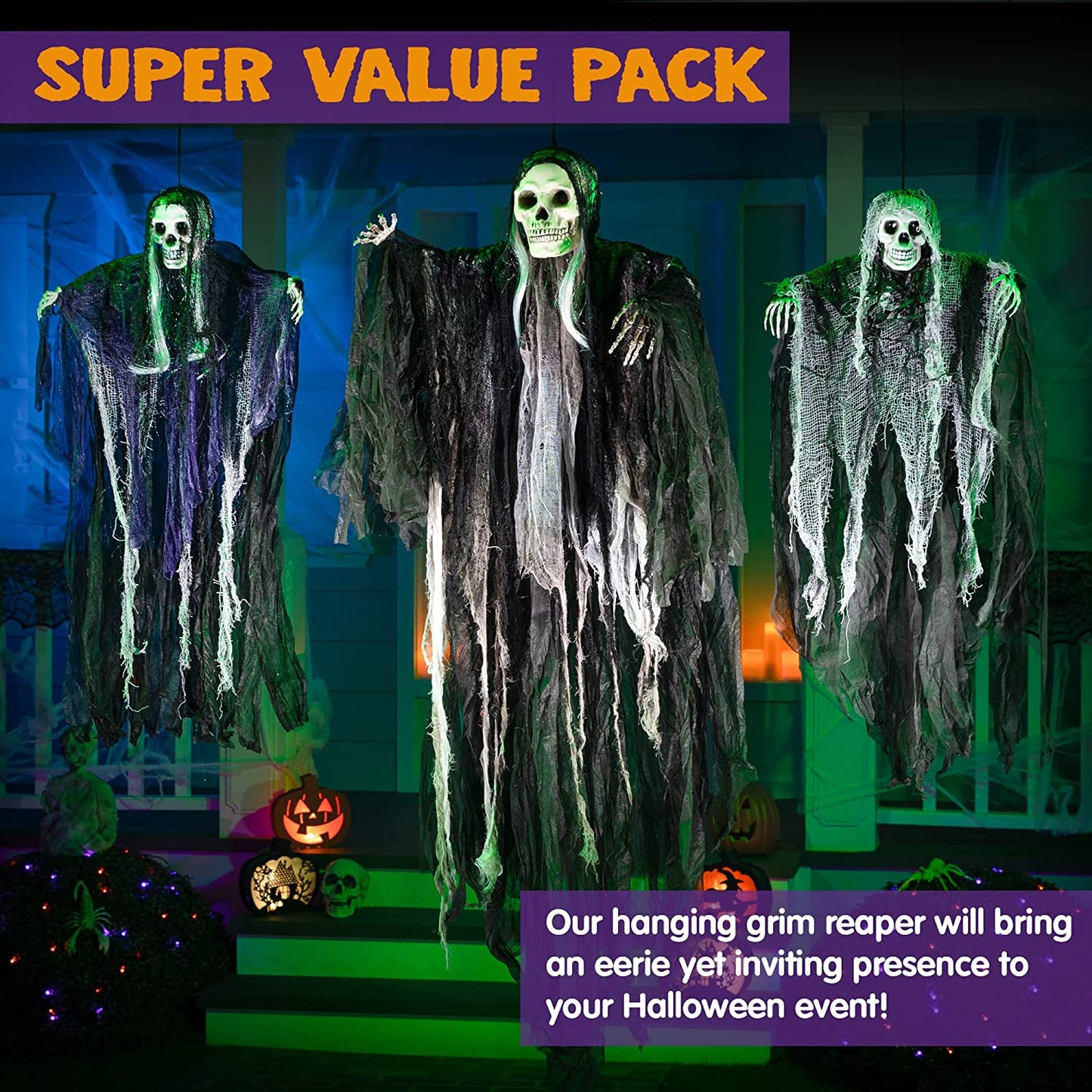 3 Pack Hanging Halloween Skeleton Ghosts Decorations, Grim Reapers for Best Halloween Outdoor Decorations