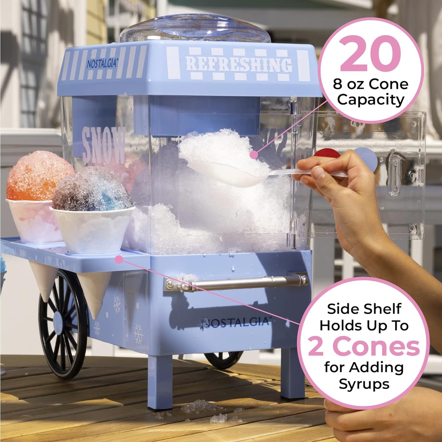 Snow Cone Shaved Ice Machine - Retro Table-Top Slushie Machine Makes 20 Icy Treats - Includes 2 Reusable Plastic Cups & Ice Scoop - Blue