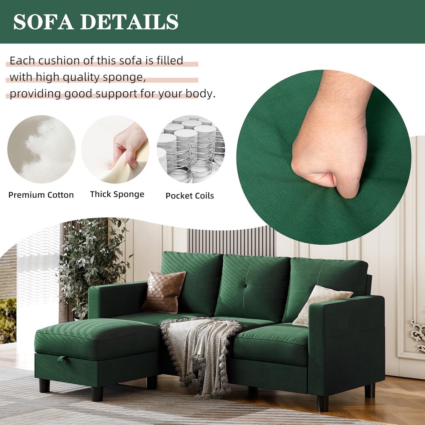 Convertible Sectional Sofas Couches for Living Room, L Shaped Couch with Storage Ottoman, Small Sectional 3 Seater Sofa for Small Spaces, Green