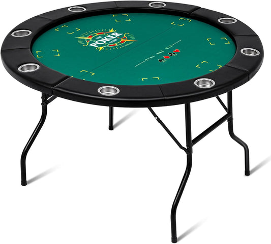 Foldable Poker Table, Portable Blackjack Table 8-10 Player Folding Texas Card Game Table with Cup Holders for Casino, Play Cards, Poker Games, Green (Round Style)
