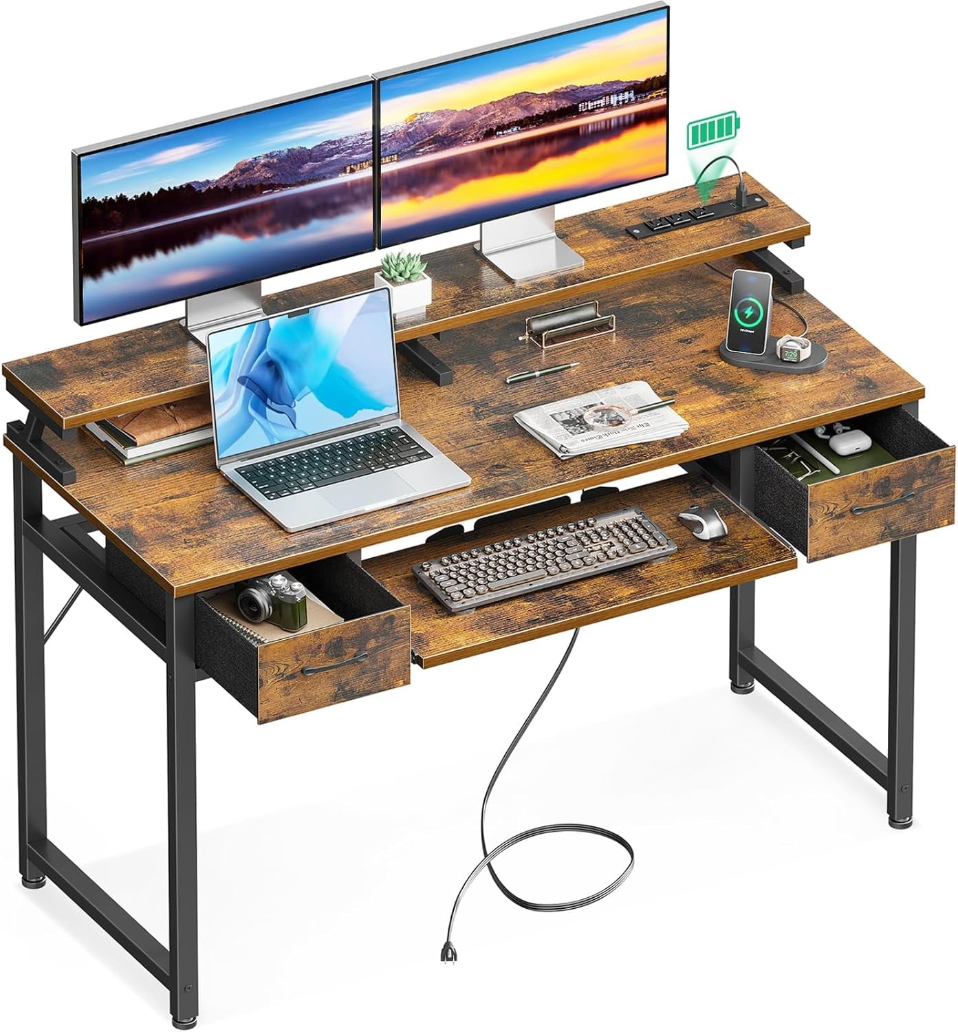 Computer Desk with Drawers, 48 Inch Office Desk with Power Outlet, PC Desk with Keyboard Tray, Study Table Work Desk with Monitor Shelf, Writing Desk for Home Office, Rustic Brown