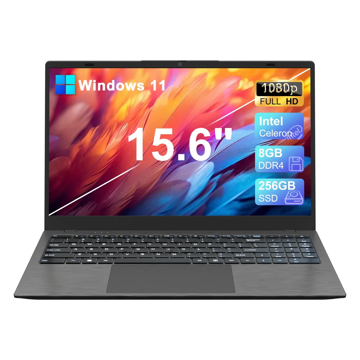 15.6" FHD Laptop 8GB DDR4 256GB SSD Windows 11 with Dual-Core Intel Celeron, Webcam, Wifi, HDMI, BT5.0, Numeric Keypad, Space Gray