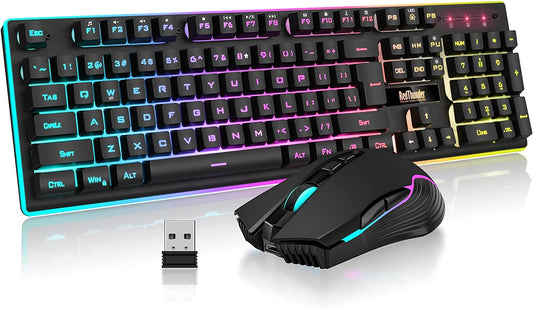 K10 Wireless Gaming Keyboard and Mouse Combo, LED Backlit Rechargeable 3800Mah Battery, Mechanical Feel Anti-Ghosting Keyboard + 7D 3200DPI Mice for PC Gamer (Black)