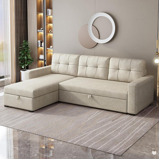 81.5" Sectional Sleeper Sofa with Storage Chaise, L Shaped Pull Out Couch Bed with 3 Removable Back Cushion for Living Room,Apartment,Office, Beige