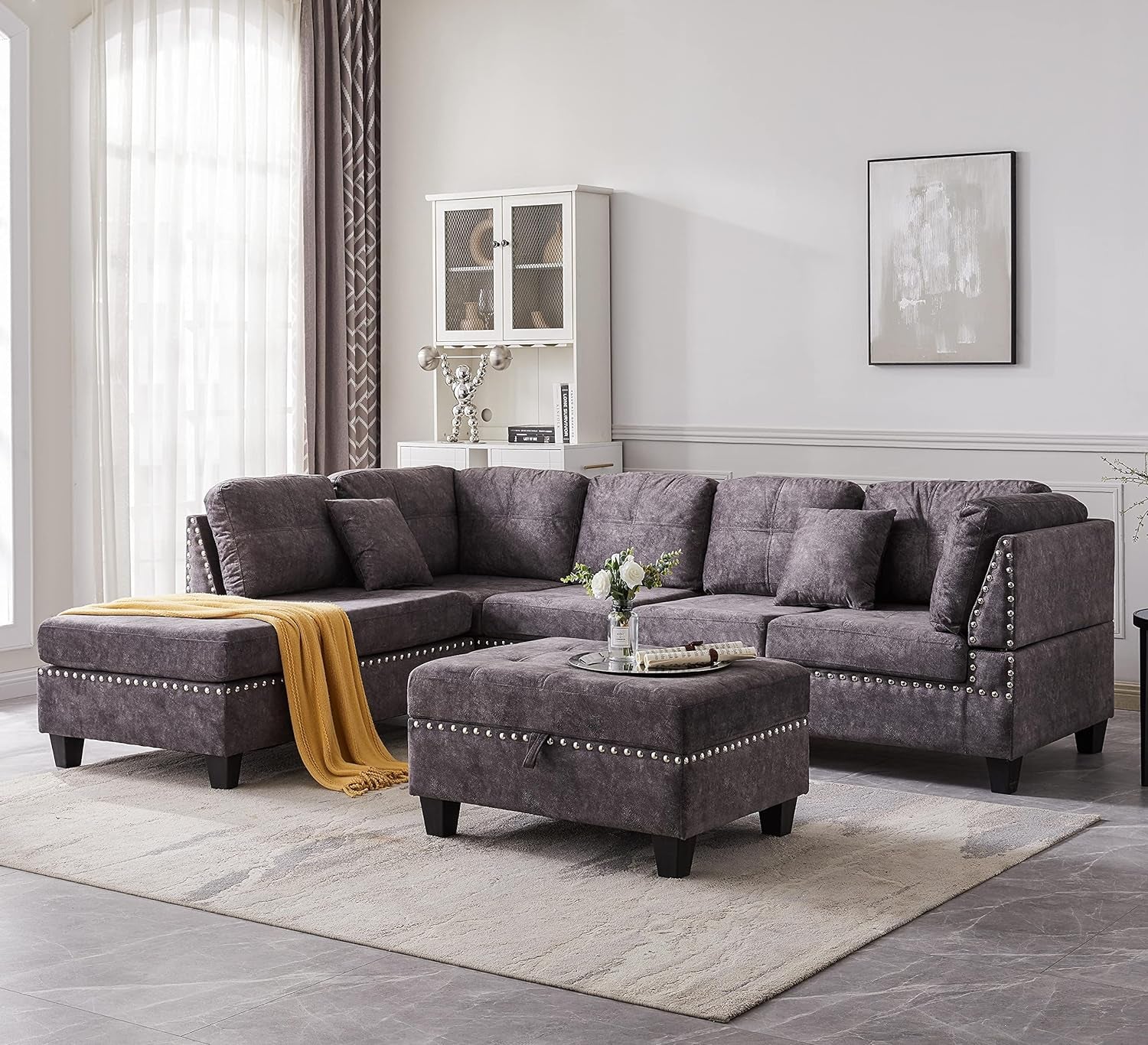 , New Modern Large Upholstered L-Shape Sectional Sofa, Extra Wide Chaise Lounge Couch Sofá Corner Furniture Set for Living Room,Velvet Left Hand Facing, Gray-B