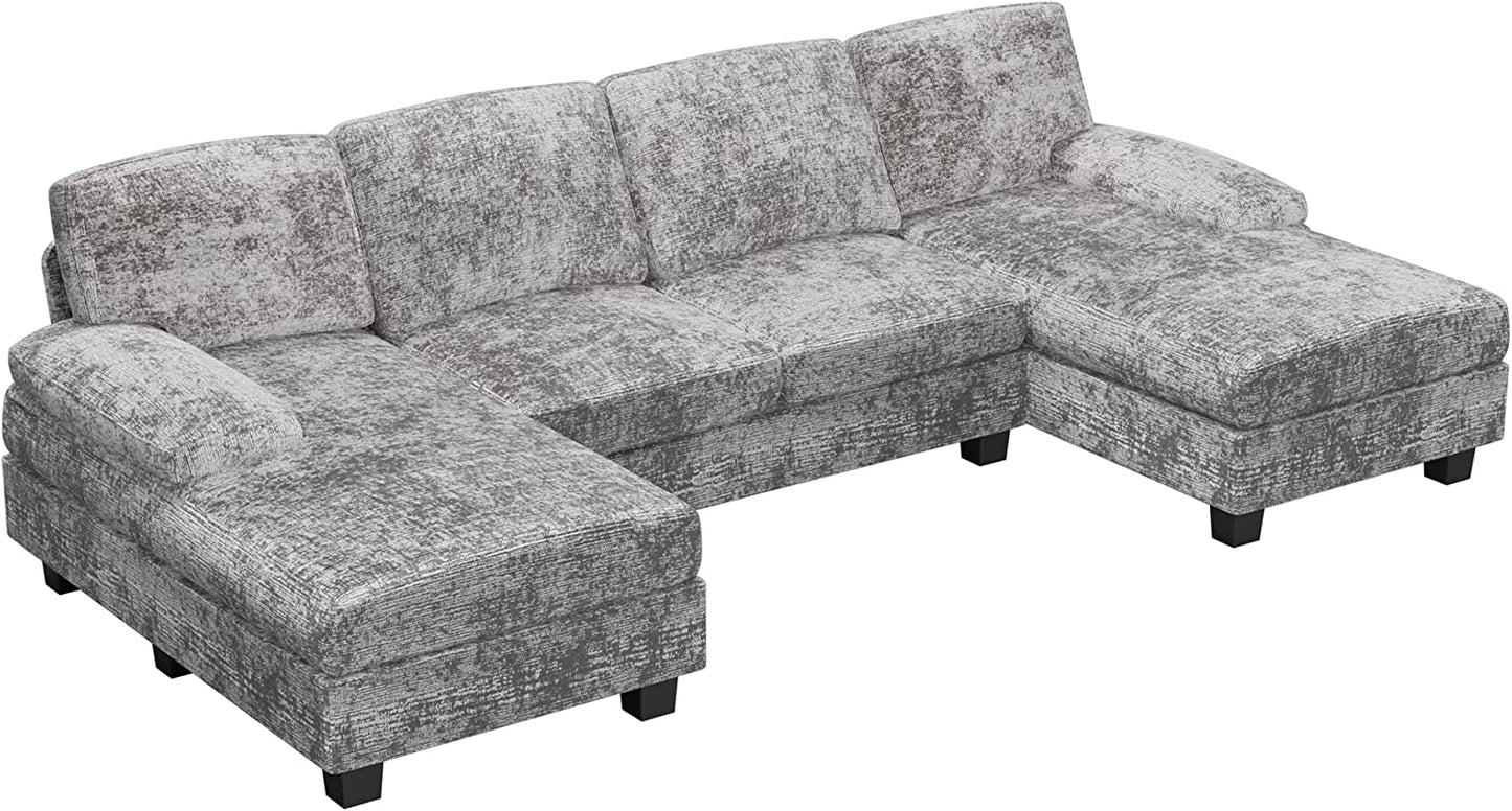 Convertible Sectional Sofa Couch, 4 Seat Sofa Set for Living Room U-Shaped Modern Fabric Modular Sofa Sleeper with Double Chaise & Memory Foam (Grey)