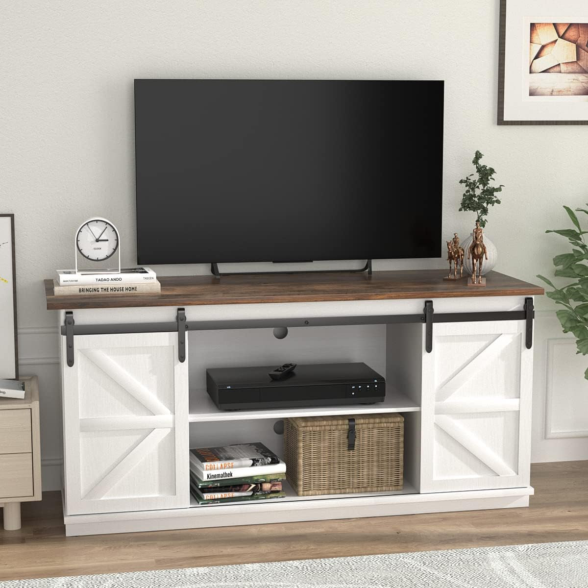 TV Stand for 65 Inch TV, Entertainment Center with Storage Cabinets and Sliding Barn Doors, Mid Century Modern Media TV Console Table for Living Room Bedroom (Bright White)