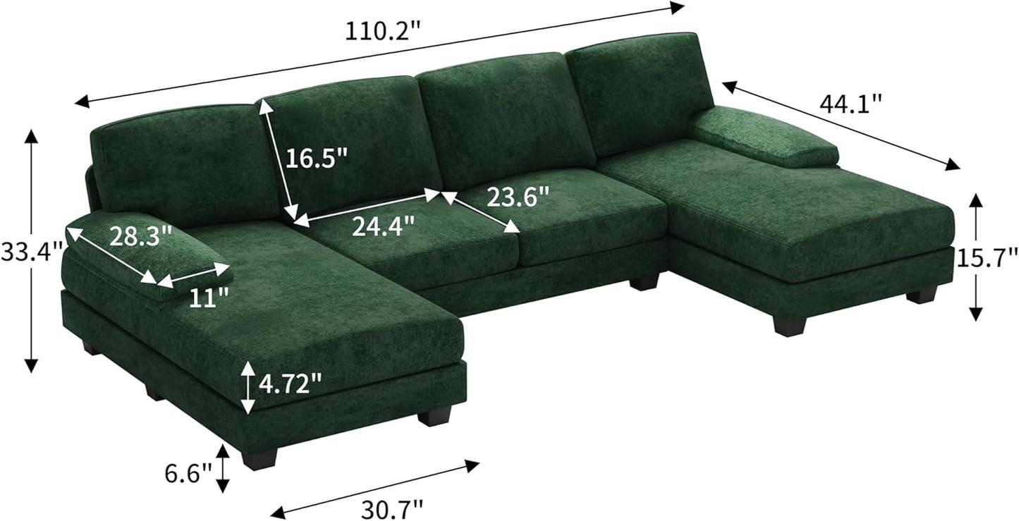 Convertible Sectional Sofa Couch, 4 Seat Sofa Set for Living Room U-Shaped Modern Fabric Modular Sofa Sleeper with Double Chaise & Memory Foam (Green)