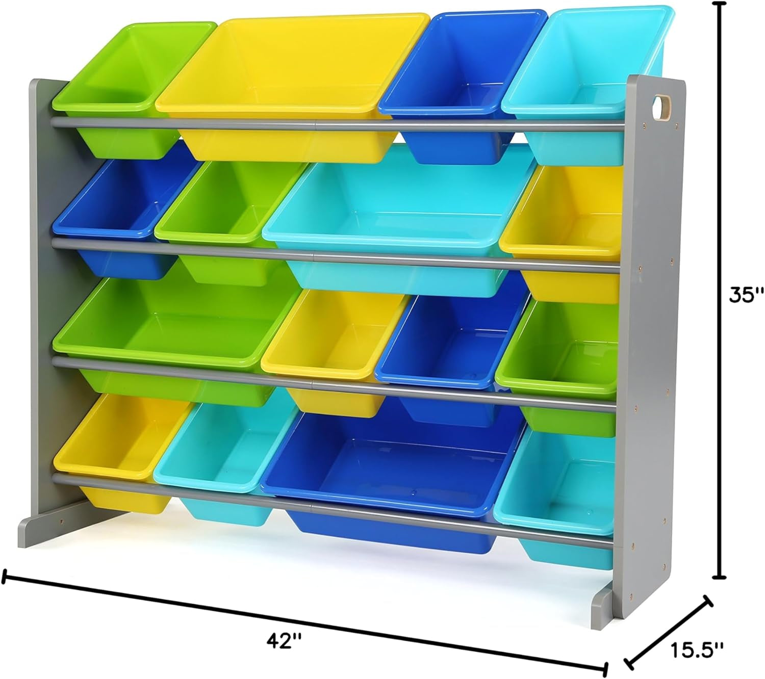 Extra-Large Toy Organizer, 16 Storage Bins, Grey/Blue/Green/Yellow,15.5"D X 42"W X 35"H