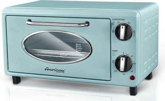 by Maximatic Americana Collection ETO147M Diner 50’S Retro Countertop Toaster Oven, Bake, Toast, Fits 8” Pizza, Temperature Control & Adjustable 60-Minute Timer 1000W, 2 Slice, Mint