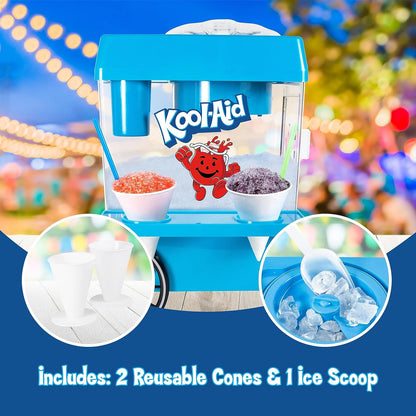 Kool-Aid Snow Cone Shaved Ice Machine - Retro Table-Top Slushie Machine Makes 20 Icy Treats - Includes 2 Reusable Plastic Cups & Ice Scoop - Blue