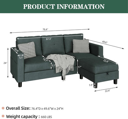 Convertible Sectional Sofas Couches for Living Room, L Shaped Couch with Storage Ottoman, Small Sectional 3 Seater Sofa for Small Spaces, Dark Grey