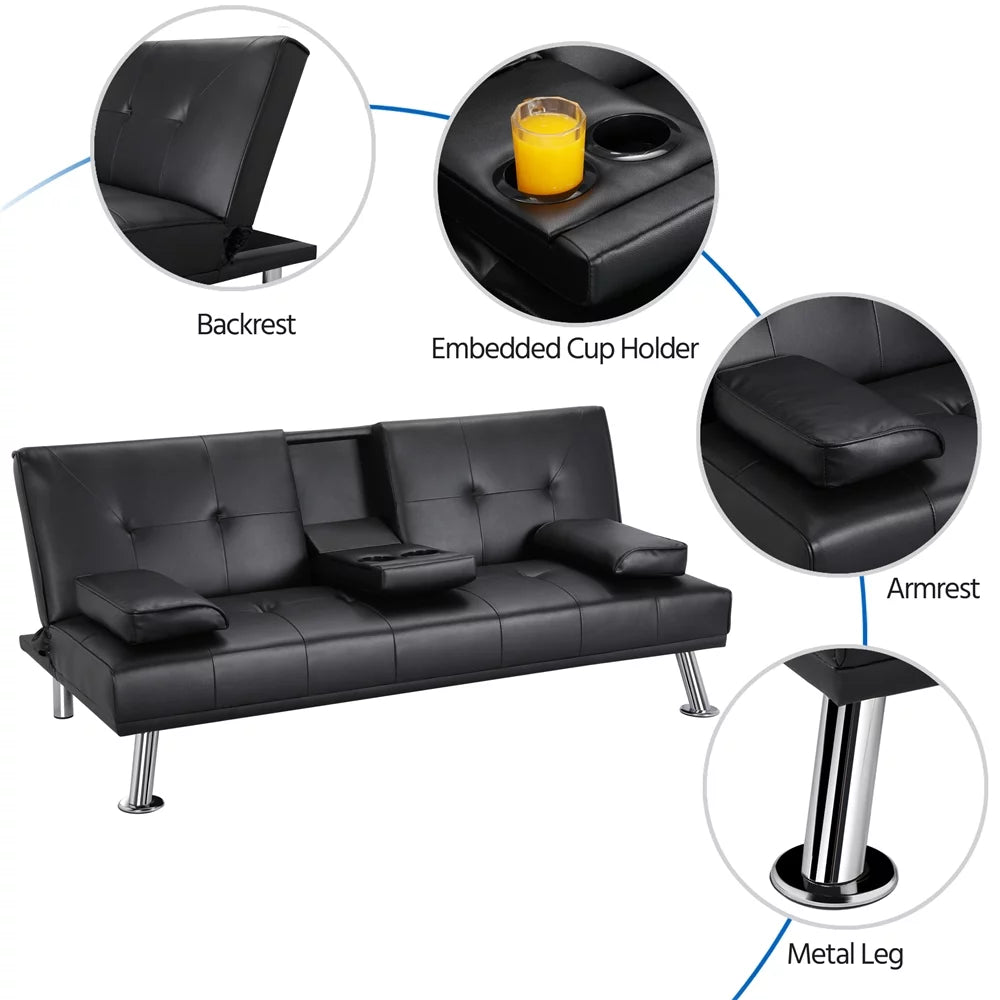 Modern Faux Leather Reclining Futon Sofa Bed with Cupholders and Pillows, Black - Design By Technique