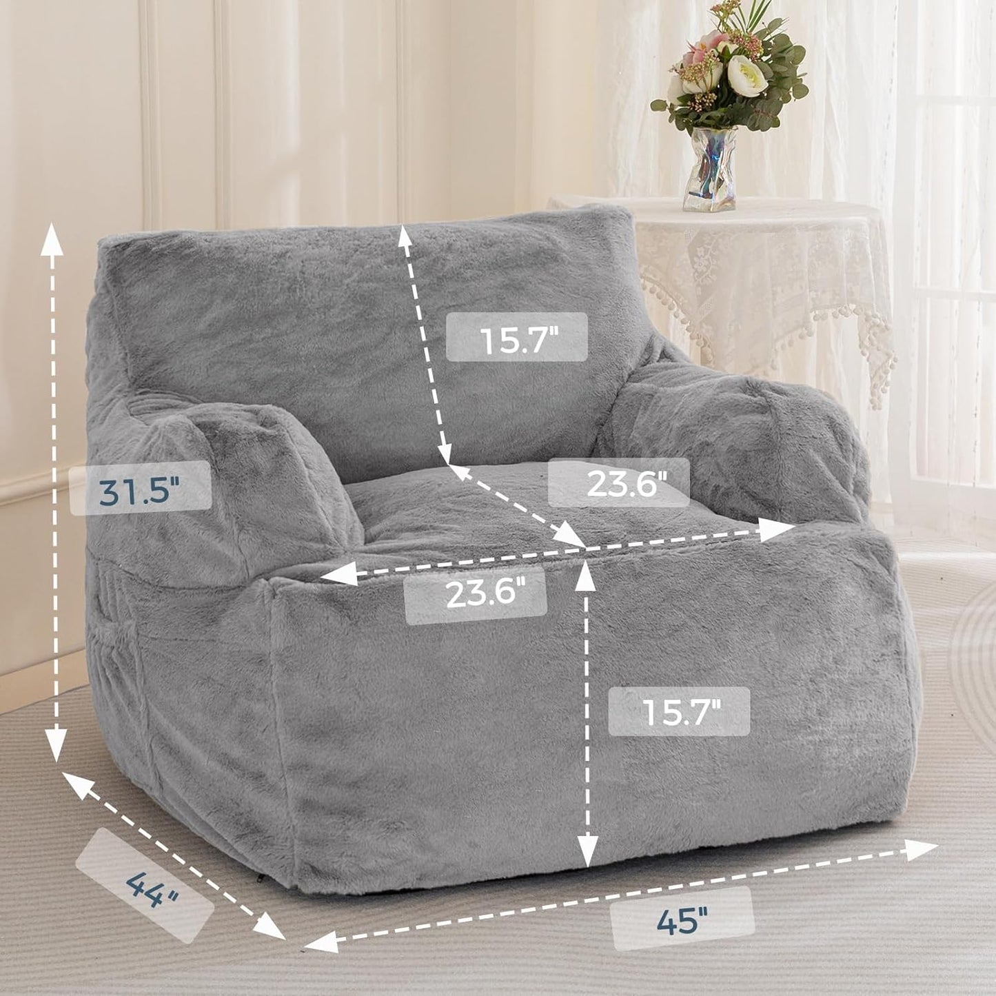 Giant Bean Bag Chair, Faux Fur Stuffed Bean Bag Couch with Filler Large Living Room Bean Bag Chair for Adults, Big Lazy Sofa Accent Chair with Pocket Floor Chair for Gaming, Reading, Grey