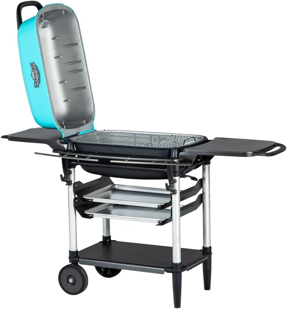 Portable Charcoal BBQ Grill and Smoker, Cast Aluminum Outdoor Kitchen Barbecue Grill for Camping, Backyard Grilling, Park, Tailgating, Teal, ​​New Original PK Aaron Franklin Addition