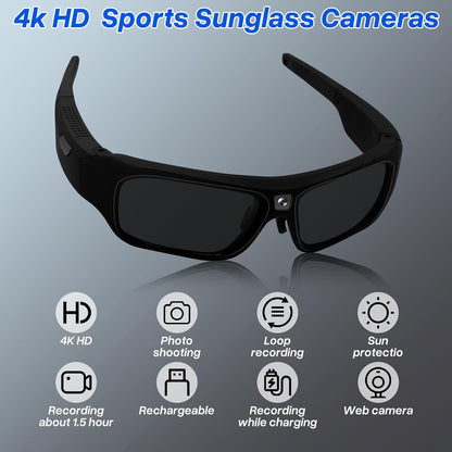 Camera Sunglasses Full HD 4K Glasses Sport Action Glasses Camera Video,Glasses with Camera UV Protection Polarized Lens for Travel and Outdoor Activities, Black