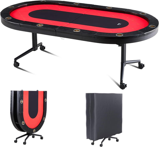 Foldable Poker Table for 10 Player, Blackjack Texas Holdem Table with Padded Rails and Stainless Steel Cup Holders, Portable Folding Card Board Game Table, 90" Oval Casino Leisure Table, Red