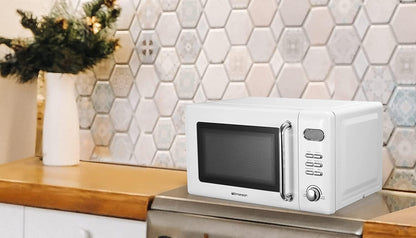 MWR7020W Compact Countertop Microwave Oven with Button Control, LED Display, 700W 5 Power Levels, 8 Auto Menus, Glass Turntable and Child Safe Lock, 0.7, Retro White