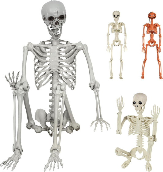 4Pcs Halloween Full Size Skeleton Set, Life Size Posable Human Skeleton Realistic Bones for Halloween Indoor/Outdoor Party Scary Decor (5.4Ft & 3Ft & 2X 16’’)