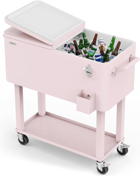 80 Quart Rolling Ice Chest, Portable Patio Party Bar Drink Cooler Cart, with Shelf, Beverage Pool with Bottle Opener