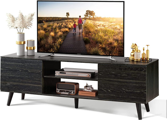 TV Stand for 55 60 Inch TV, Modern Entertainment Center with Storage Cabinets, Mid Century TV Console Table for Bedroom, TV Stand for Living Room, Charcoal Black