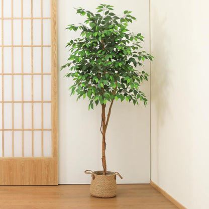 7 Feet Artificial Ficus Tree - Fake Silk Plants with Lifelike Leaves and Natural Wood Trunk - Faux Potted Tree for Indoor Home Decor