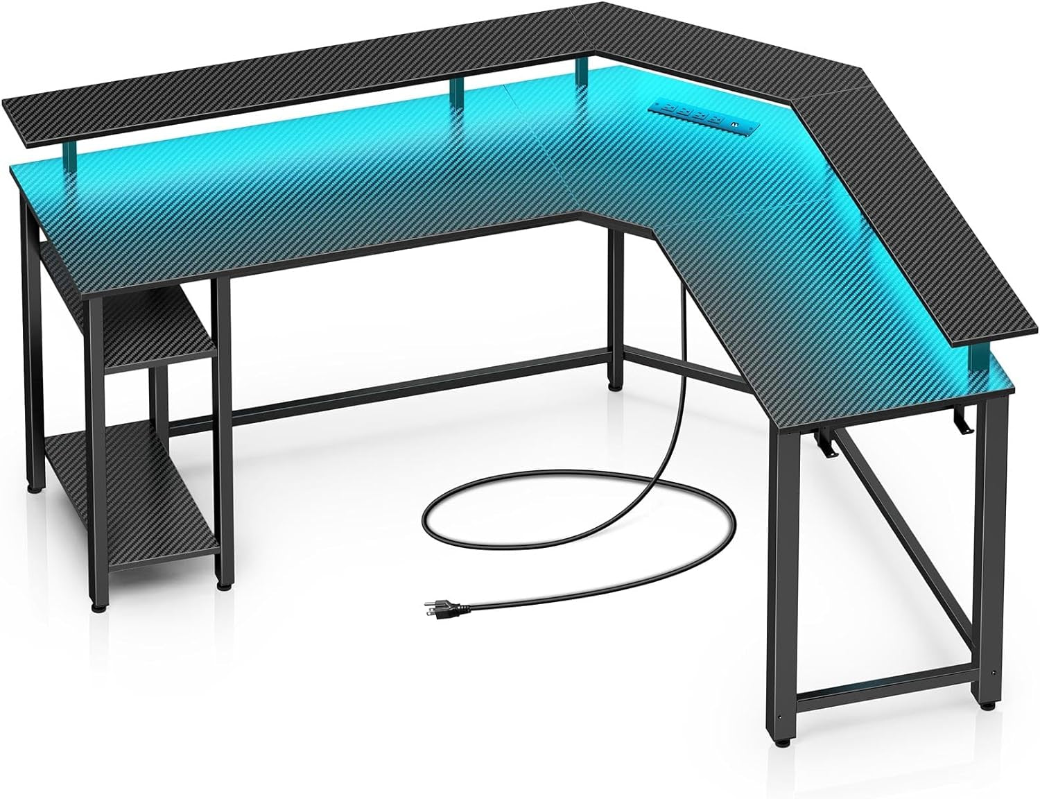 Computer Desk 55.1" with Power Outlets USB Ports & LED Strip,Reversible L Shaped Desk with Monitor Stand & Storage Shelf,L Shaped Gaming Desk with Hooks,Home Office Desk,Carbon Fiber