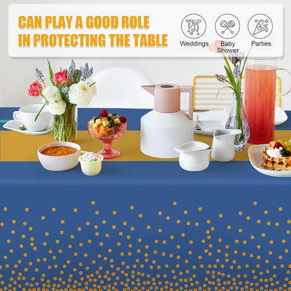 Tablecloths for Rectangle Tables, 3 Pack 54" X 108" Disposable Plastic Table Cloth, Blue Gold Dot Tablecloths Disposable Tablecloth for Weddings Buffet Table