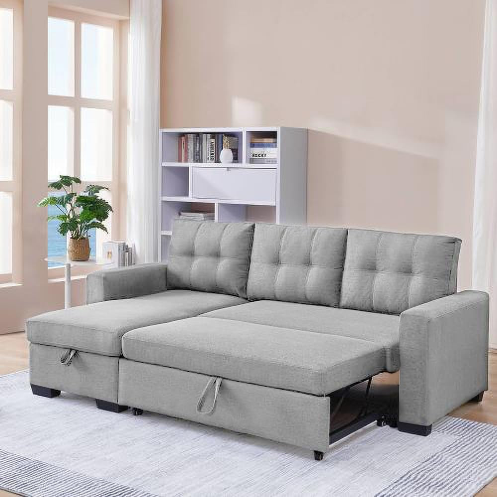 L-Shape Convertible Sleeper Sectional Sofa with Storage Chaise and Pull-Out Bed, Linen Upholstered Reversible Corner Couch W/Arms for Living Room, Apartment, Home Furniture,Light Grey