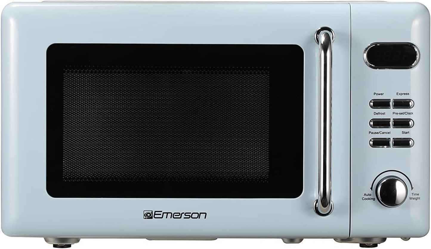 MWR7020BL Retro Compact Countertop Microwave Oven with Button Control, LED Display, 700W 5 Power Levels, 8 Auto Menus, Glass Turntable and Child Safe Lock, 0.7, Thunderbird Blue