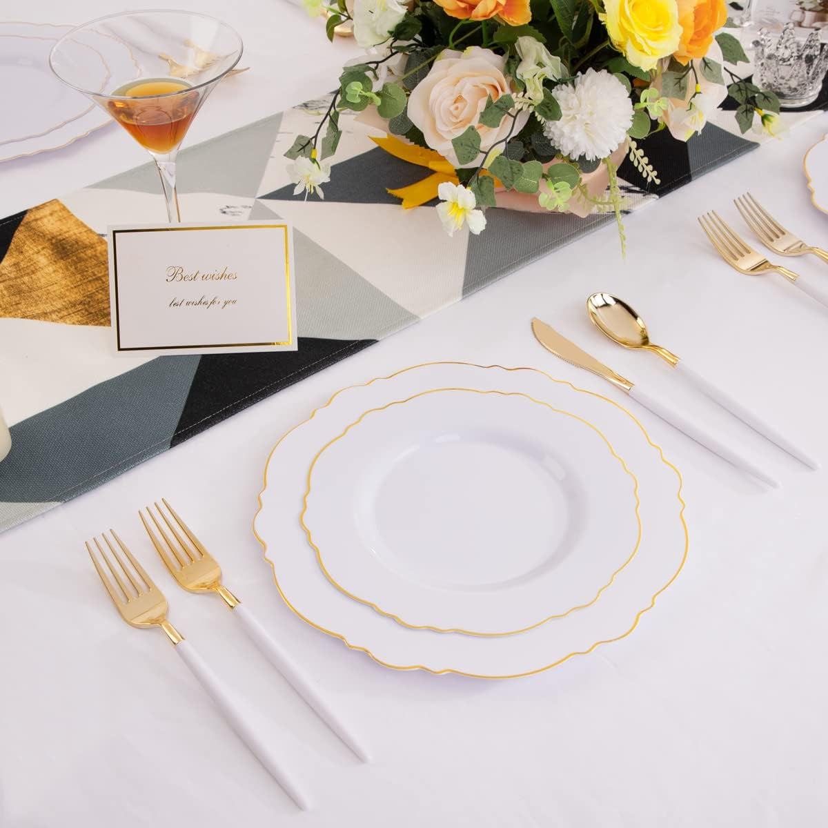 30Guest Gold Plastic Plates Disposable - Gold Plastic Silverware with White Handle Baroque Plates Disposable for Weddings, Parties, Mother'S Day