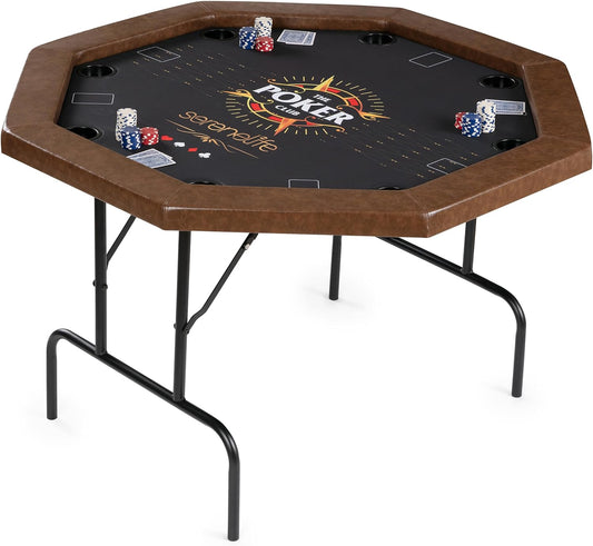 8-Player Octagonal Foldable Poker Table Premium Casino-Grade Design, Brown Felt Surface, Water-Resistant Rail, 8 Cup Holders, Blackjack Board Ideal for Texas Hold'Em & Family Fun (Black)