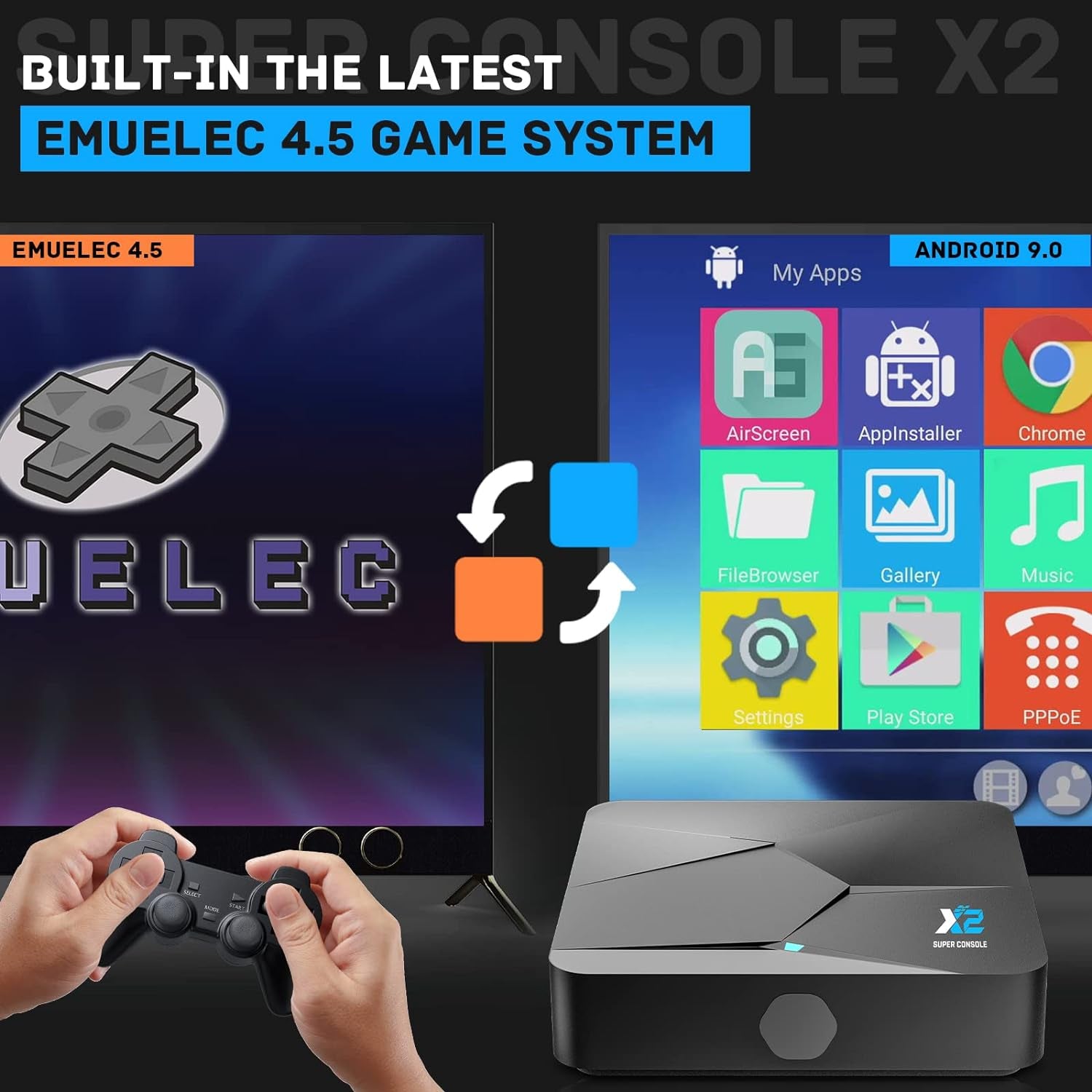Super Console X2 Retro Game Console Built-In 100000+ Games, Android 9.0/Emuelec 4.5 Game System, S905X2 Chip, 4K UHD Output,2.4G/5G, BT 5.0