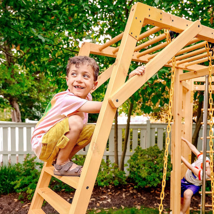 Hawthorn 9-In-1 Outdoor Activity Center | Swing, Rock Wall, Monkey Bars | Ages 3-11 | Pine Wood Construction | Climbing Rope, Net Wall | Strength, Coordination, and Imagination-Boosting Fun